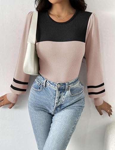 Image of Zeagoo Womens Sweaters Long Sleeve Bodysuits 2026 Fall Crewneck Puff Knit Pullover Tops