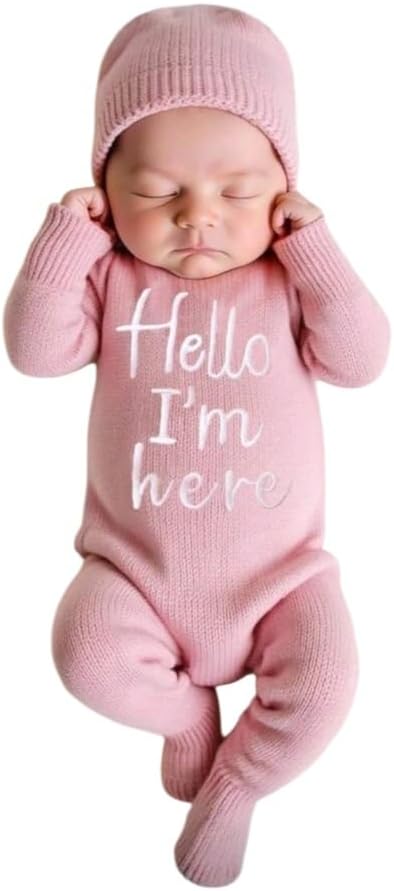 Baby Footed Jumpsuit & Hat 2 Piece, Long Sleeve Knitted Design, Photography Sets