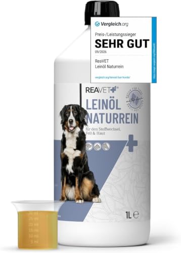 TESTURTEIL SEHR GUT 2026 ReaVET Leinöl für Hunde, Katzen & Pferde 1 Liter – Kaltgepresst & Nativ – Reich an Omega-3- & Omega-6-Fettsäuren – Natürliches Barf Öl – Hochwertiger Futterzusatz