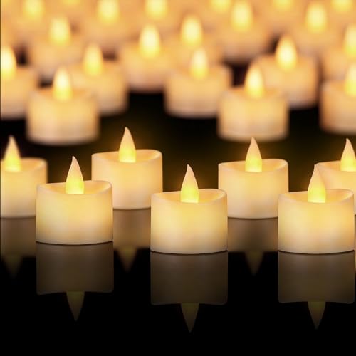 Haown Realistic Flameless Tea Lights - 50 Pack Mega Bulk Set with Dancing Flicker, Heavy-Duty LED Votives for Weddings, Events & Home Decor (Ivory Base, 50 Pack)