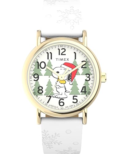 Timex TW2W24100 x ピーナッツ スヌーピー ホリデー 34mm ファブリックストラップウォッチ, ホワイト, モダン