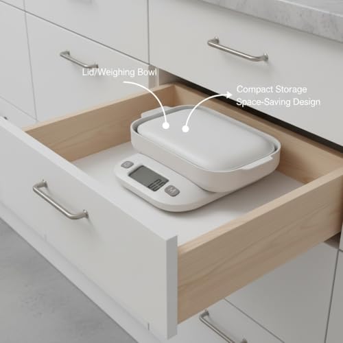 Image of SLO Digital Kitchen Weighing Scale 5kg | 2-in-1 Detachable Bowl & Lid Design | 1g Accuracy | g /ml /oz /lb Units | Tare Function | LCD Display | Slim & Compact | 5 Years Warranty - Model K570 (White)