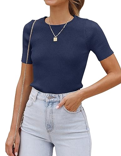 Image of ZESICA Women's Short Sleeve Sweater Tops 2026 Summer Crewneck Basic T Shirt
