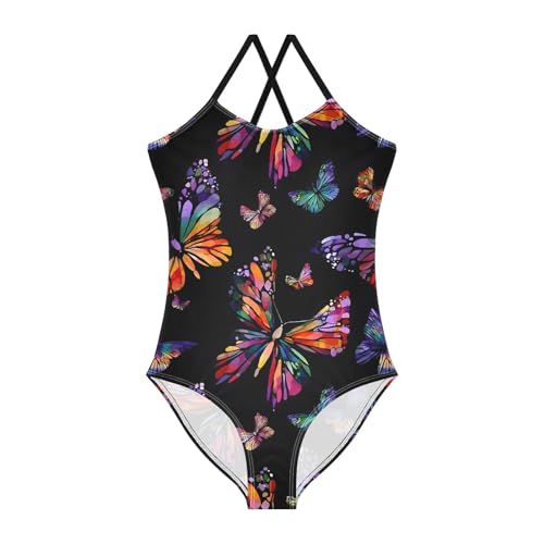 Colorful Butterflies Pattern Girls Swimsuit One Piece Bathing Suit Beach Swimwear with Adjustable Straps 3-10Years