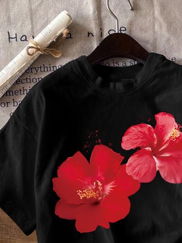 Image of RoseSeek Women's Graphic Letter Tee Crew Neck Drop Shoulder Trendy Summer T Shirt Short Sleeve Vintage Car Print Top