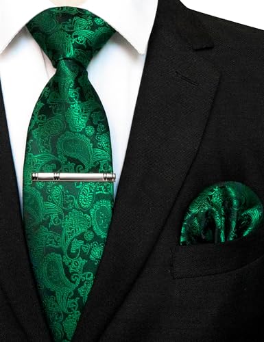 Image of JEMYGINS Mens Solid Color Paisley Necktie and Pocket Square with Tie Clip Sets