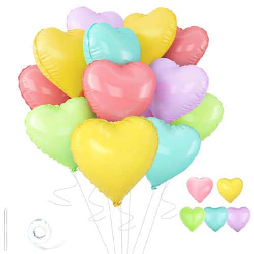 Image of 5 Colors Heart Balloons,18 Inch Color of Macaron Foil Mylar Love Heart Shaped Balloons for Anniversary Wedding Engagement Celebration Birthday Party Baby Shower Decorations(12Pcs)
