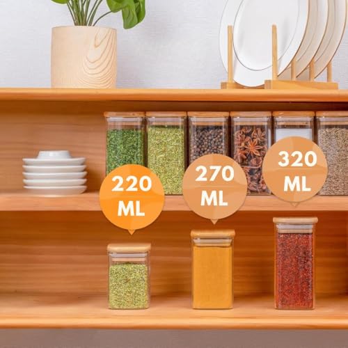 Image of Glass Storage square Containers with Lids Glass Jars with Lids,230 ml Clear Food Canister, Pantry jar set of 6(6, SQUARE BAMBOO LID GLASS JAR 230 ml-)
