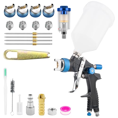 HVLP Spray Gun Kits Gravity Feed Air Paint Gun with 1.4/1.7/2.0//2.5 mm Nozzles Spray Paint Gun Automotive with Air Gauge for Car Paints, Primer, Clear/Top Coat & Touch-Up (Blue)