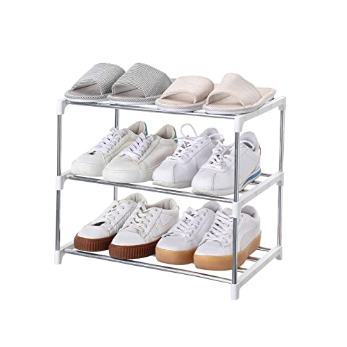 Jucaifu Stackable Small Shoe Rack, Entryway, Hallway and Closet Space Saving Storage and Organization (3-Tier, White)