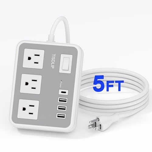 TISDLIP White 7-in-1 Power Strip, with a 5-Foot Extension Cable and Independent Switch Controls, a Multi-Outlet Desktop Charging Station Adaptable to Multi-Scenario Use