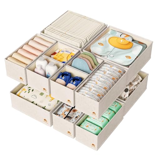 ZenStorage Cotton Linen Drawer Organizer for Baby Clothes, 12Pack Foldable Nursery Dresser Divider, Multi-Size Set Dresser Drawer Organizer for Nursery, Bedroom and Closet, Beige