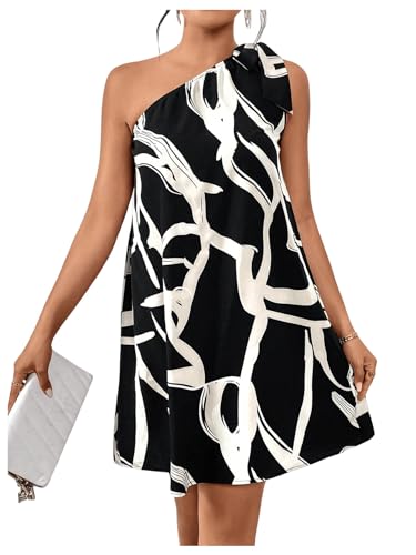 Floerns Women's Allover Print Knot One Shoulder Sleeveless Casual Tunic Dress