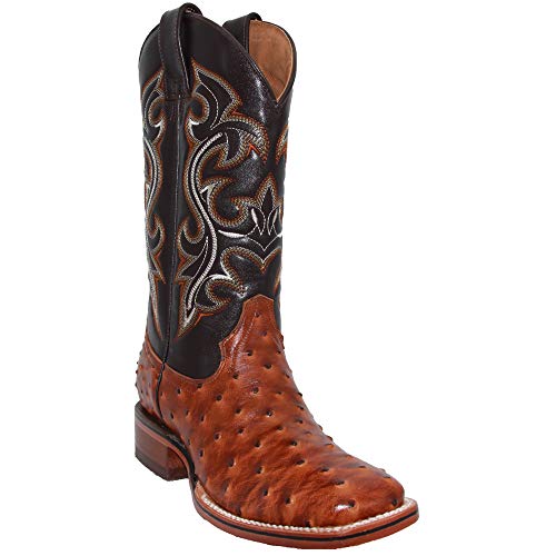 Western Shops Mens Genuine Cowhide Leather Quill Ostrich Print Western Cowboy Square Toe Rodeo Boots