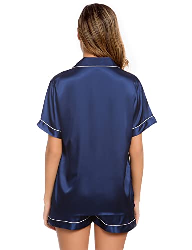 Image of LecGee Womens Silk Satin Pajamas Short Sleeve Loungewear Two-Piece Sleepwear Button-Down Pj Set