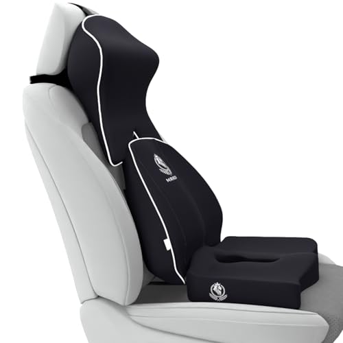 Image of MRRON Memory Foam Posture Corrector Car Seat Cushions Combo | Orthopedic Backrest, Coccyx Cushion & Neckrest | Ergonomic Lumbar Comfort Seat Cushion | Reduces Sciatica (Black, Spine Support)