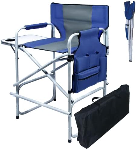 JXUFDHO Makeup Chair for Makeup Artist 41'',Tall Directors Chairs Foldable with Side Table Cup Holder Storage Bag and Footrest, Makeup Chair for Clients 400lbs Capacity Blue