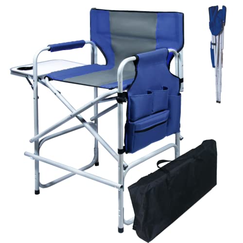 Jxufdho Makeup Chair For Makeup Artist 41'',Tall Directors Chairs Foldable With Side Table Cup Holder Storage Bag And Footrest, Makeup Chair For Clients 400Lbs Capacity Blue #TOP9
