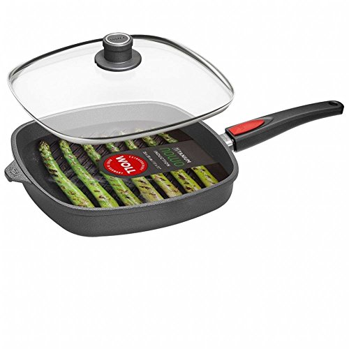 Woll Titanium Nowo Induction Guss-Steackpfanne 28 cm, 6,5 cm hoch viereckig Grillmuster induktion Set mit Glasdeckel
