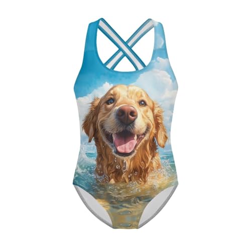 One Piece Swimsuit Girls Cute Dog Graphic Swimwear 5-14Y Kids Sleeveless Bathing Suit Cross-Back Swimsuits