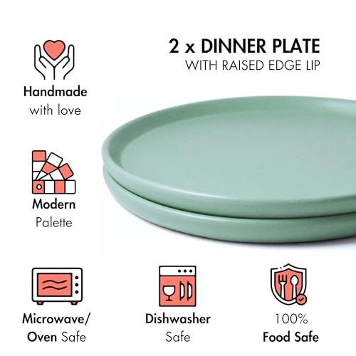 Image of Ceramic Dinner Plates, 2 Pcs | Rim Plate for Easy Eating | Microwave, Oven, Dishwasher Safe | Set of 2 Ceramic Plates for Dinner | Handmade | (Almost Blue, Dinner Plate)