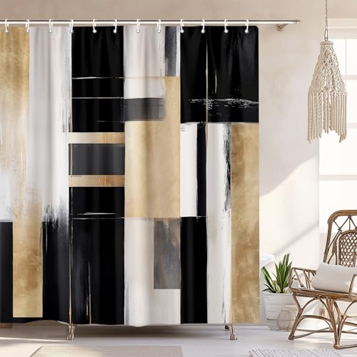 Black and Gold Abstract Shower Curtain Boho Modern Aesthetic Shower Curtain Set Beige Cream Brown Oil Painting Neutral Art Shower Curtain for Bathroom Fabric with 12PCS Hooks 72X72IN Artistic