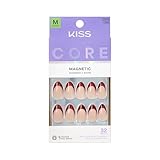KISS CORE Magnetic French Tip Press On Nails, Glistering, Red, Medium, 32 Count