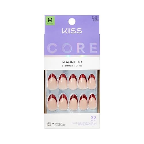 KISS CORE Magnetic French Tip Press On Nails, Glistering, Red, Medium, 32 Count
