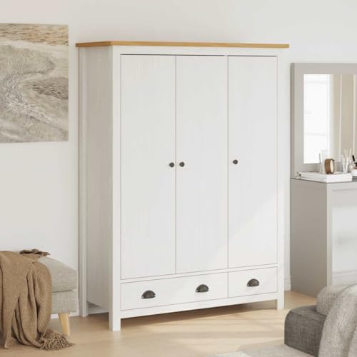 Teenpull Armario de 3 puertas Hill blanco de pino macizo 127 x 50 x 170 cm con barra para colgar, 2 cajones y 5 estantes para ahorrar espacio en el dormitorio