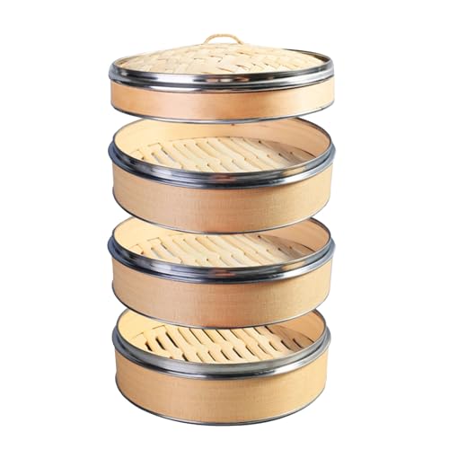 AIZYR Bamboo Steamer Handmade Basket,Dim Steamer Basket 3 Tier Dumpling Steamer Steam Pot for Dumplings, Dim Sum, Vegetables, Fish Kitchen Cooking Tools,24cm