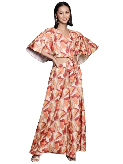 varanga Women Beige Multicolour Flared Sleeves, Front Open With Tie Up Details Crop Top Paired With Flared Bottom-picture-12