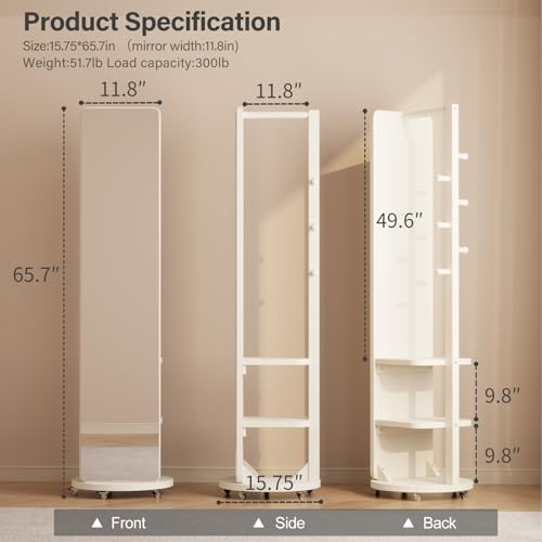 Image of WoodsWhisper Full Length Mirror Coat Rack Solid Wood Floor Mirror 66 inchx12 inch Full Length Mirror with Stand Long Mirrors for Bedroom,Living Room (White-Mobile, 66 inch Lx12 W)