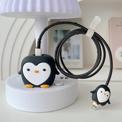 VNJ Accessories 25W Charger Protector for Samsung, Protective Silicone Case Cover 25W Power Adapter Charger with Wire Saver - Black Penguin