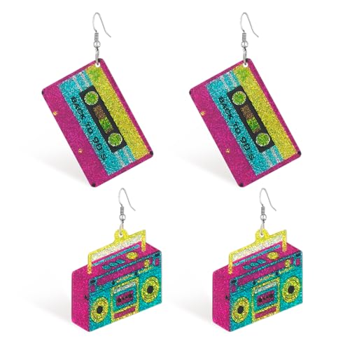 HMCEY 2 Pares Pendientes Cinta de Cassette,Carnaval Pendientes Retro Vintage,Radiocasete Pendiente Neon Acrílico,Pendiente Colgantes Mujer,Pendient Tipo Piercing,Pendient Fiesta para Cosplay