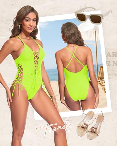 Image of Women Sexy Lace Up One Piece Swimsuit Plunge V Neck High Cut Bathing suits | Deep V, Padded bra, Open back, Cheeky, Texture, Swimwear