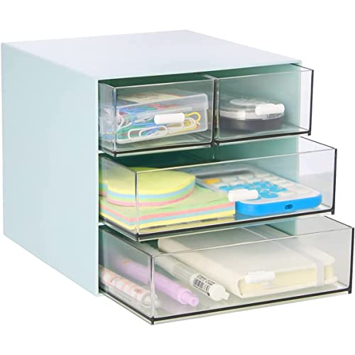Umtiti Desk Storage, Makeup Storage Box With 4 Drawers, Plastic Office Stationery Supplies Organizers, Desktop Organizer for Office School Home And Bathroom (Blue，UK)