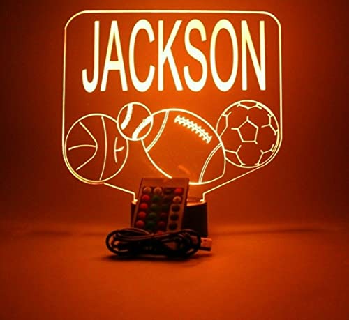 Sports Array Soccer Ball Baseball Football Basketball With Custom Name Night Light Up Lamp Led Free Engraved Custom Name Personalized Athletic Table Lamp With Remote, 16 Colors, It's Wow, Great Gift #TOP7