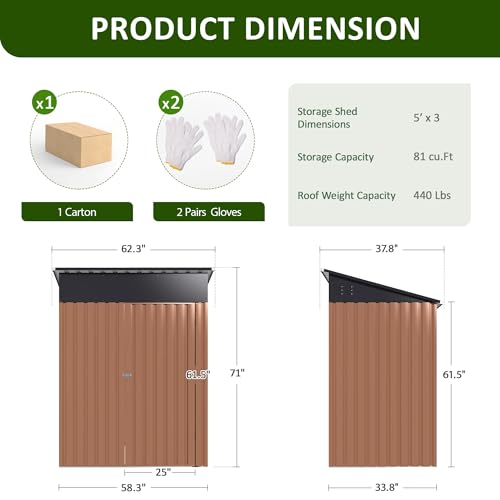 Image of DAUSOLA 5x2.5 FT Outdoor Storage Shed, Metal Garden Tool Shed with Updated Frame Structure and Lockable Doors, Ideal for Backyard Garden Patio Lawn, Brown
