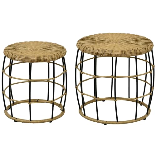 Outsunny Rattan Beistelltisch 2er-Set, Couchtisch, Stapelbarer Sofatisch, Handgeflochtener Kaffeetisch für Garten, Balkon, Stahl, Khaki Outsunny Rattan Beistelltisch 2er-Set, Couchtisch, Stapelbarer Sofatisch, Handgeflochtener Kaffeetisch für Garten, Balkon, Stahl, Khaki