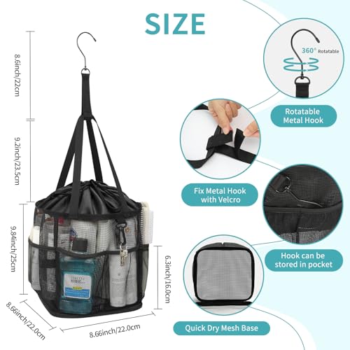 Mesh-Shower-Caddy-Portable-for-College-Dorm-Room-Essentials-Shower-Tote-Bag-with-Hanging-Hook-and-Drawstring-Quick-Dry-Toiletry-Bag-with-6-Pockets-for-Bathroom-Swimming-Gym-Camping-Beach-Travel