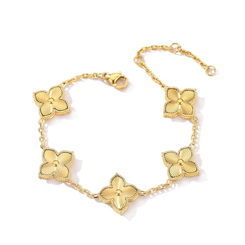Four Leaf Clover Bracelet for Women 14K Gold Plated Dupes Stainless Steel Link Bracelet Wrist Jewelry (14K Gold)3