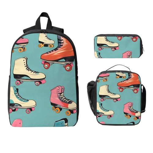 Retro Roller Skates Colorful print Backpack Bookbag for Daily Use,3 Pcs Backpack Set with Lunch Box and Pencil Case2