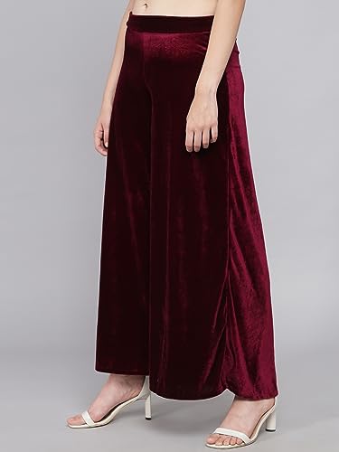 Image of Vaararo Party Trousers for Women | Shiny Velvet Fabric Wide Bottoms Stylish Palazzo Pants