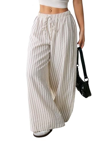 SOLY HUX Women's Striped Pants Tie Front Elastic Waist Wide Leg Pants Baggy Long Trousers4