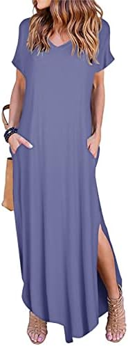 Arolina Women's Summer Maxi Dress Short Sleeve V Neck Casual Loose Long Beach Split Dresses with Pockets Purple Grey