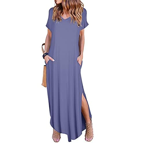 Arolina Women Summer Maxi Dress Short Sleeve V Neck Casual Loose Long Split Dresses Beach Vacation Sundress with Pockets Purple Grey Large