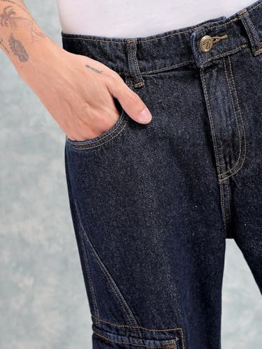 Image of The Indian Garage Co Men Relaxed Fit Solid Mid-Rise Cargo Denim