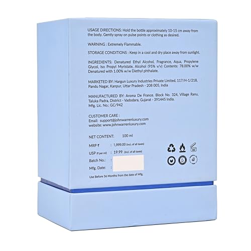 Image of JOHN WARREN AQUA Luxury Perfume For Men, Aqua Long-Lasting Eau De Parfum with Grapefruit,Nutmeg and Jasmine, Fresh & Strong Everyday Fragrance-100 ml