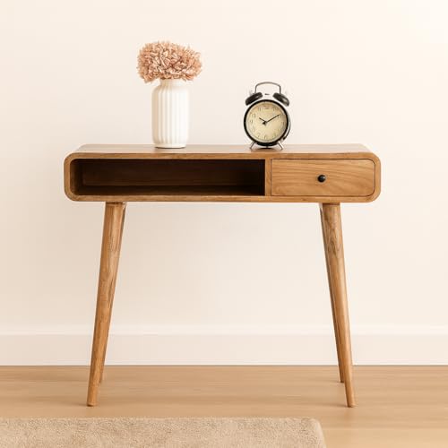 Jenvor Solid Wood Curved Writing Desk, 1 Drawer, 1 Open