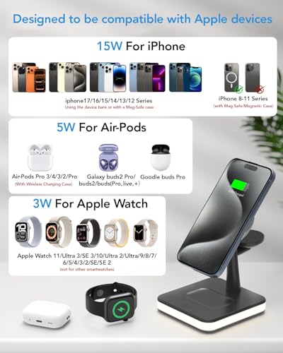 QUVFHE Chargeur sans fil 4 en 1 avec lumière et 1 port USB pour Apple, support magnétique sans fil pour iPhone 17/16/15/14/13/12, iWatch Series 11/10/9/8/7/Ultra 3/2/SE 3/2, Air-Pods 4/3/Pro3/2 (noir – Image 3